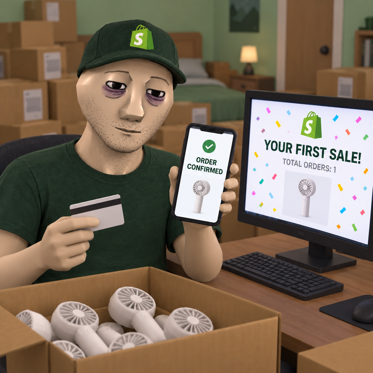 The mascot holding his own credit card and a phone showing "Order confirmed" while his monitor celebrates "Your first sale! Total orders: 1", next to a box full of handheld fans.