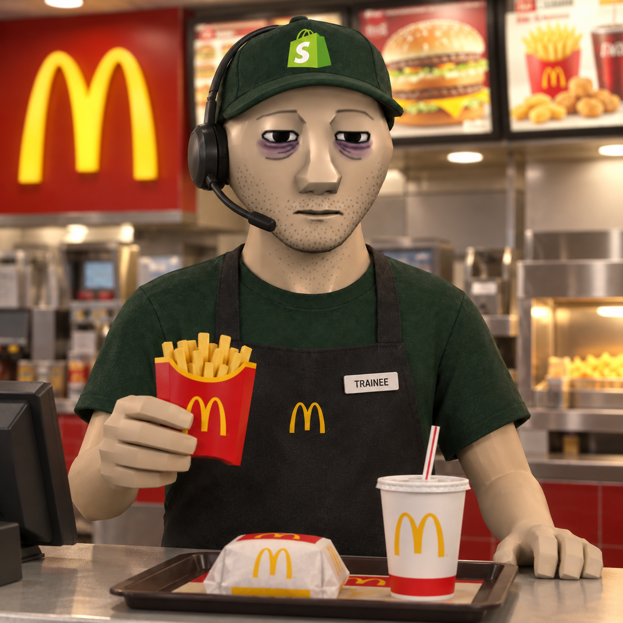 The mascot working a fast-food counter as a trainee, still wearing his Shopify cap, holding out a carton of fries.