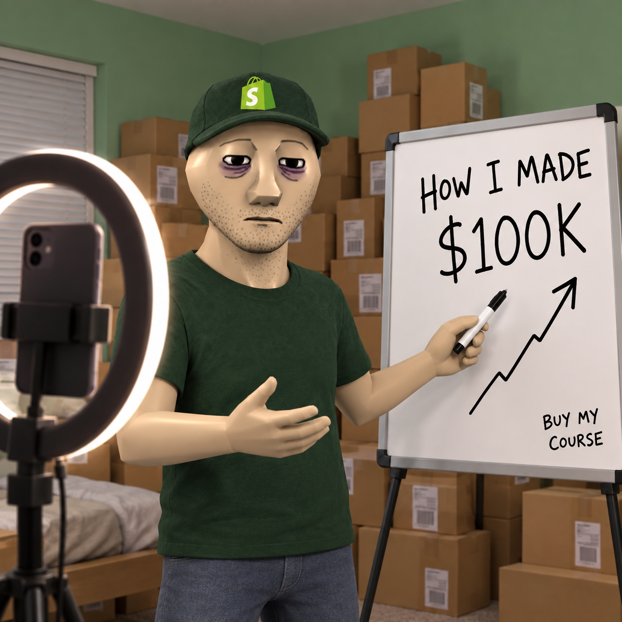 The mascot filming himself with a ring light, pointing at a whiteboard that reads "How I made $100K — buy my course", surrounded by unsold boxes in his bedroom.
